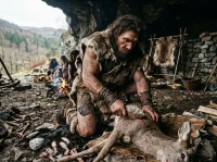 Recreación de un Homo neanderthalensis utilizando un bifaz de sílex para despedazar una presa en la entrada de una cueva