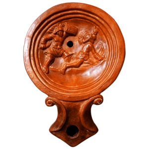 Lucerna romana con escena de gladiadores